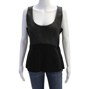 Illia Womens Leather Trim Scoop Neck Zip Back Sleeveless Blouse Top Black Size 8